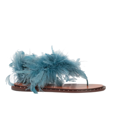 Valentino Garavani Feather-embellished Leather Sandals In Blue
