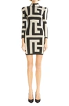 Balmain Mega Monogram Long Sleeve Wool Blend Minidress In Gfe Gfe Ivoire/ Noir
