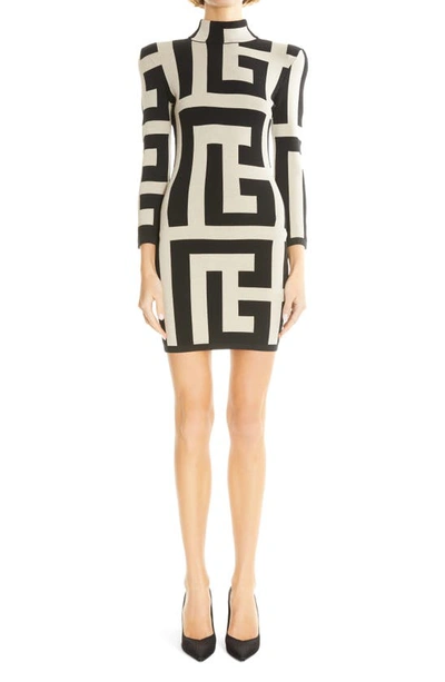 Balmain Mega Monogram Long Sleeve Wool Blend Minidress In Black