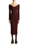 Khaite Pia Ribbed Off The Shoulder Long Sleeve Sweater Dress In Merlot Red