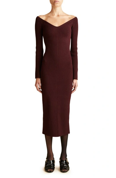 Khaite Pia Ribbed Off The Shoulder Long Sleeve Jumper Dress In Merlot Red