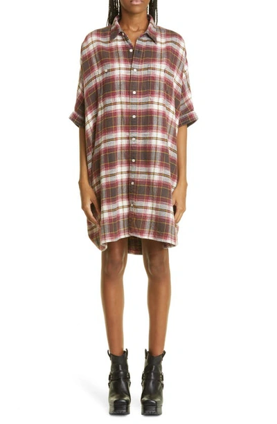 R13 Plaid Oversize Cotton Flannel Shirtdress In Ecru/maroon Plaid