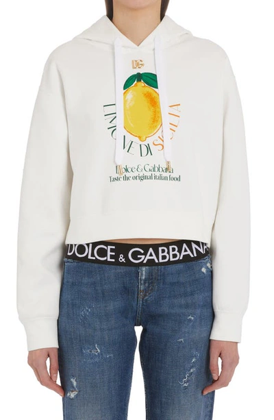 Dolce & Gabbana Limone Di Sicilia Crop Cotton Blend Graphic Hoodie In White