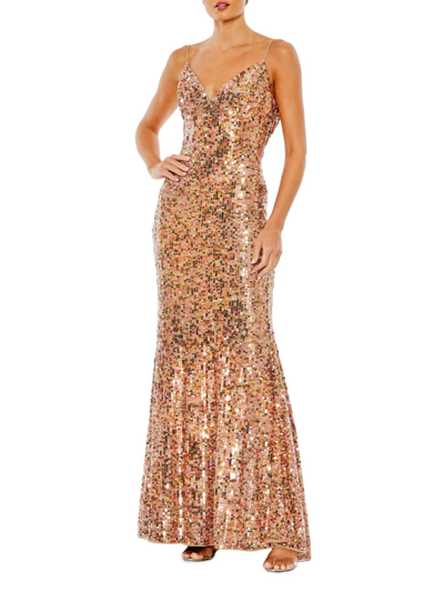 Mac Duggal Sequined Spaghetti Strap Cowl Back Gown In Copper