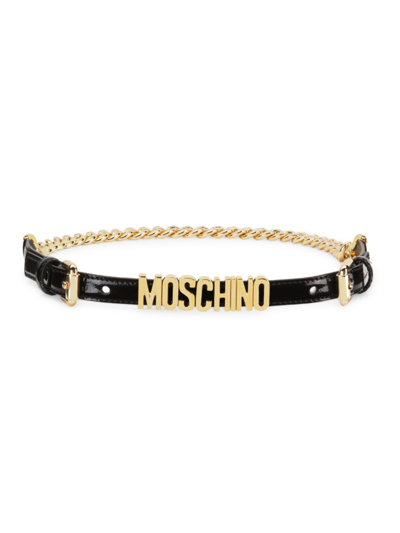 Moschino Patent Leather Logo Chain Belt In Black
