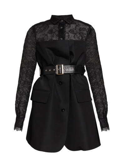 Sacai Mixed Media Lace & Wool Blend Belted Jacket In Black