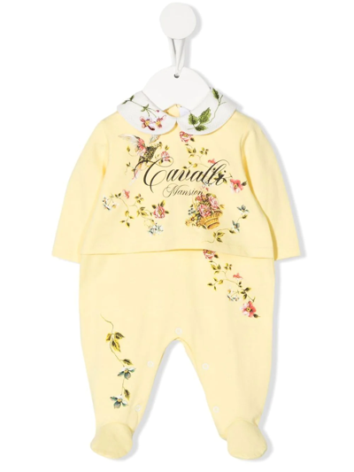 Roberto Cavalli Junior Babies' Floral-print Logo Pyjamas In Yellow