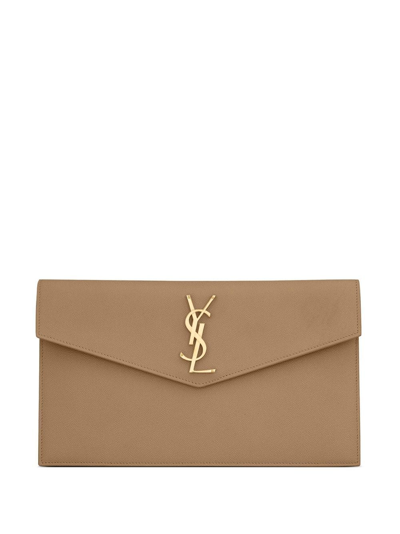 Saint Laurent Logo-lettering Leather Clutch Bag In Brown