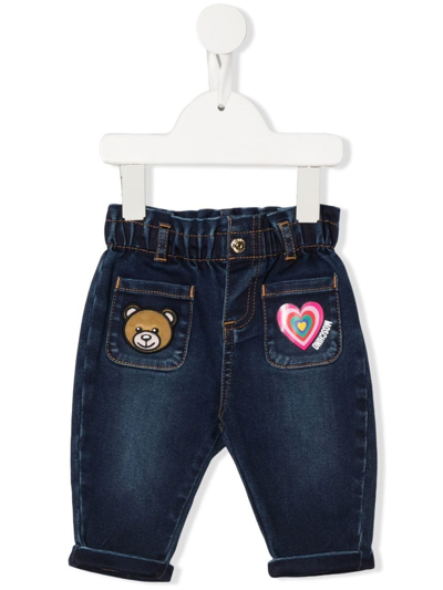 Moschino Babies' Logo-print Contract-stitching Jeans In Blue
