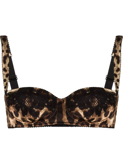 Dolce & Gabbana Lace-trimmed Leopard-print Stretch-silk Satin Underwired Balconette Bra In Multicolour