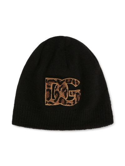 Dolce & Gabbana Kids' Plain Knit Hat With Dg Patch In Black