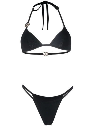 Dolce & Gabbana Logo-plaque Halterneck Bikini Set In Nero