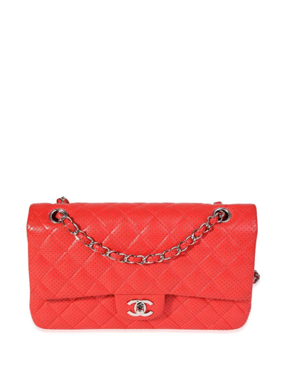 Pre-owned Chanel Medium Perforated Double Flap Shoulder Bag In Red