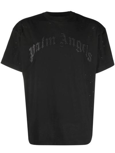 Palm Angels Distressed Logo-embellished Cotton-jersey T-shirt In Black