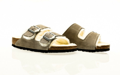 Pre-owned Birkenstock Arizona Vl Stone Coin Lammfell Regular Grau 1017402 Damen