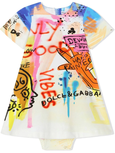 Dolce & Gabbana Babies' Graffiti-print Short-sleeve Dress Set In White
