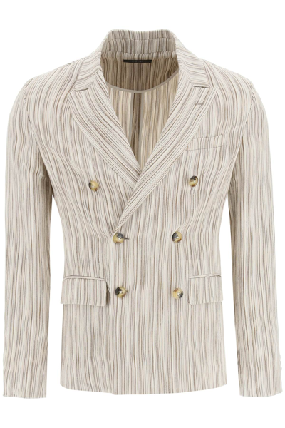 Amiri Double-breasted Striped-jacquard Suit Jacket In Brown,beige,white
