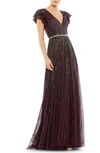 Mac Duggal Sequined Wrap Over Ruffled Cap Sleeve Gown In Blackberry