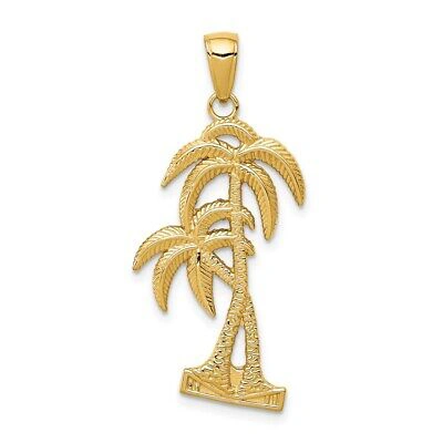 Pre-owned Skyjewelers Real 14kt Yellow Gold Polished / Textured Palm Trees Pendant