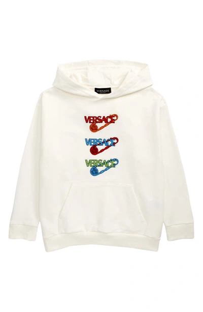 Versace Teen White Triple Print Safety Pin Logo Cotton Hoodie