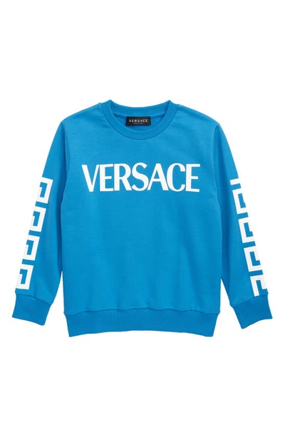 Versace Kids' La Greca Cotton Logo Sweatshirt In Blue