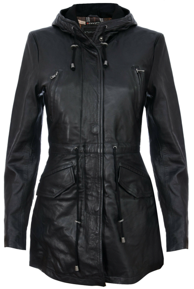 Pre-owned Infinity Leather Women's Black Leather Hooded Parker Jacket Multi-pocket Trench Coat