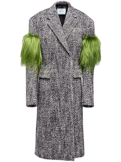 Prada Double-breasted Chevron And Shearling Coat In Gray