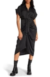 Steve Madden Tori Tie Waist Satin Midi Shirtdress In Black