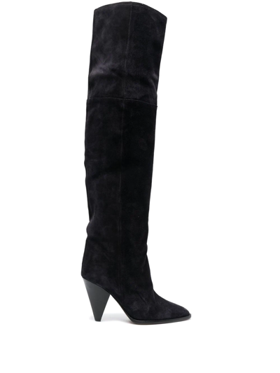 Isabel Marant Riria Thigh High Heels Boots In Black Suede In Grey