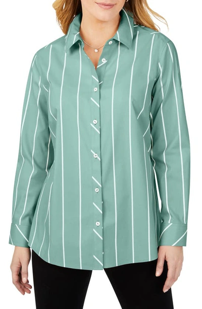 Foxcroft Ave Stripe Button-up Tunic Shirt In Jade Gem