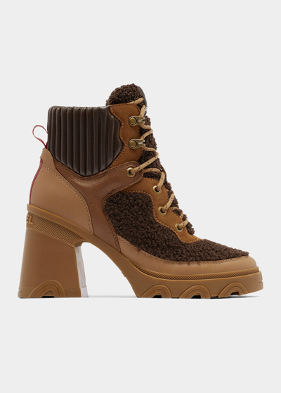 Sorel Brex Faux Shearling Block-heel Boots In Tawny Buff Blacke