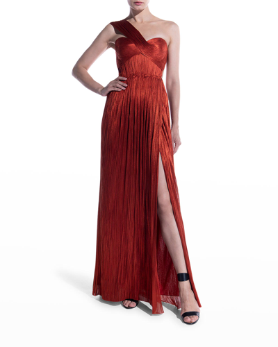 Maria Lucia Hohan Iman Metallic Fringe One-shoulder Bustier Gown In Salsa