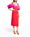 Zac Posen Open-shoulder Puff-sleeve Midi Dress In Poppyfuchsia