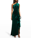 Tadashi Shoji One-shoulder Velvet Ruffle Gown In Pine