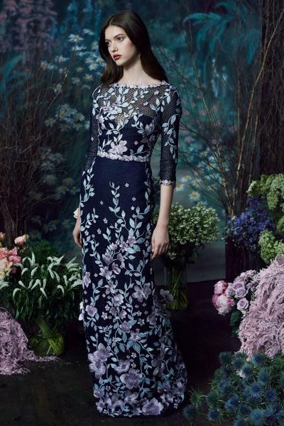 Pre-owned Marchesa Notte $895  Embroidered Guipure Lace Gown Navy Lilac Dress 0 .