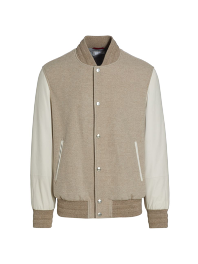 Brunello Cucinelli Men's Cashmere & Leather Letterman Jacket In Light Brown