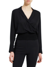 Theory Wrap Effect V-neck Long Sleeve Ribbed Knit Hem Top In Black