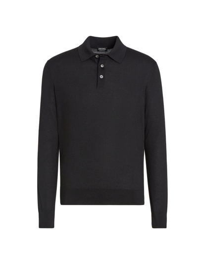 Zegna Blue Cashseta Long Sleeves Polo Shirt In Black