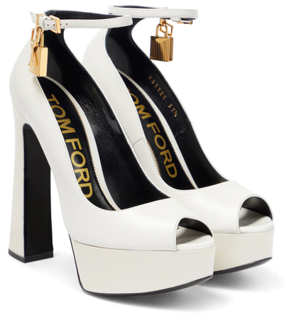 Tom Ford Lock 145mm Calfskin Ankle-strap Pumps In 1w003 Chalk