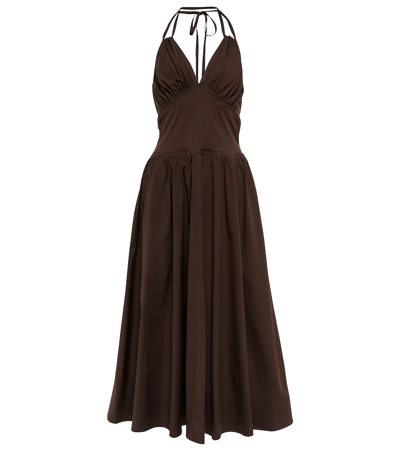 Bottega Veneta Gathered Stretch-cotton Poplin Halterneck Midi Dress In Brown