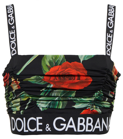 Dolce & Gabbana Logo Floral Print Stretch Silk Bustier Crop Top In Black