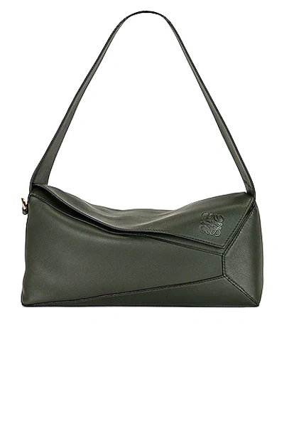 Loewe Puzzle Dark Green Leather Hobo Bag In Olive