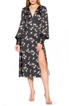 Alexia Admor Elysa Long Sleeve Satin Midi Dress In Black Floral