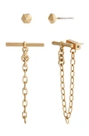 Allsaints Stud & Toggle Chain Front To Back Earrings In Silver Tone Or Gold Tone, Set Of 2 In Warm Brass