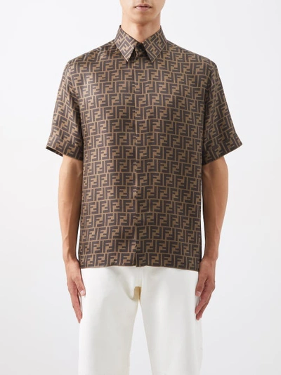 Fendi Logo-print Silk Oversized Shirt In Tabacco