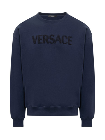 Versace Logo Detailed Crewneck Sweatshirt In Blue