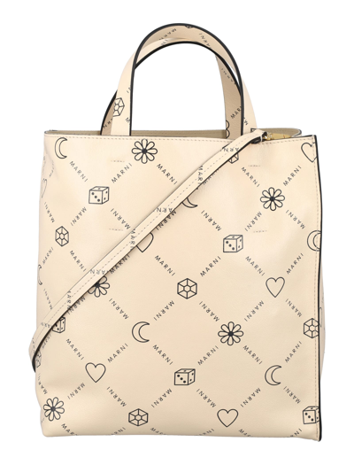 Marni Museo Small Printed Leather Tote In Shell