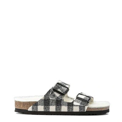 Pre-owned Birkenstock Womens Arizona Shearling Wool Narrow Sandal Plaid White - Sale