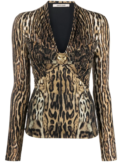 Roberto Cavalli Leopard-print Gathered Long-sleeve Top In Roberto Cavalli Leopard-print Gathered Long-sleeve Top In