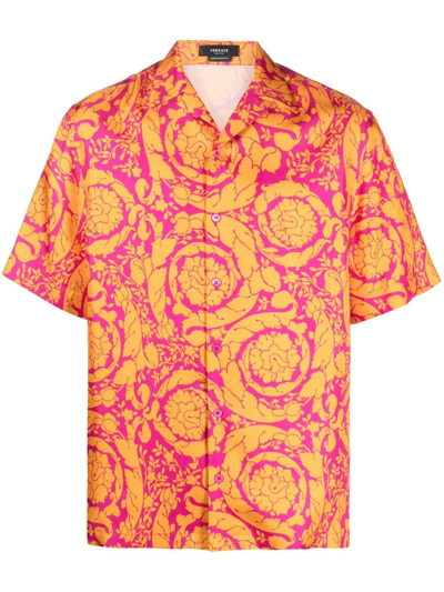 Versace Barocco Silhouette Silk Shirt, Male, Yellow+pink, 60 In Orange